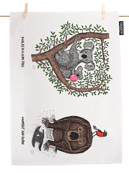 Koalas in a Gum Tree, Wombat & Robin Tea Towel